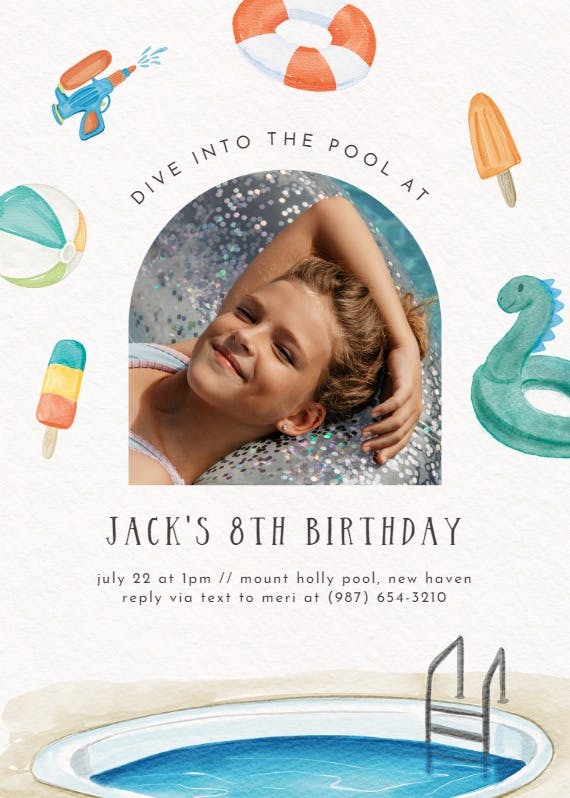 Dive into the pool photo -  invitación de fiesta de cumpleaños con foto