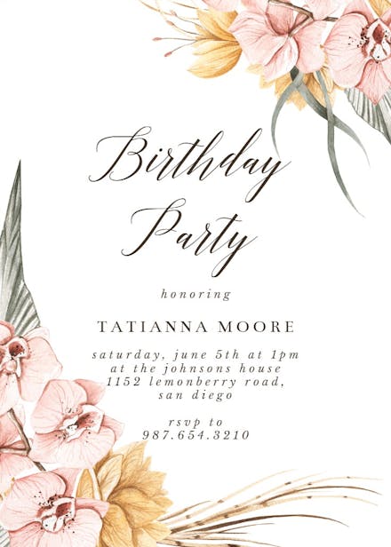 Dusty Pink Orchids - Birthday Invitation Template | Greetings Island