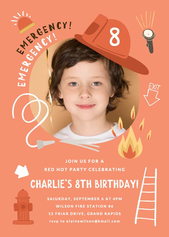 Emergency fire truck - invitación de fiesta de cumpleaños con foto