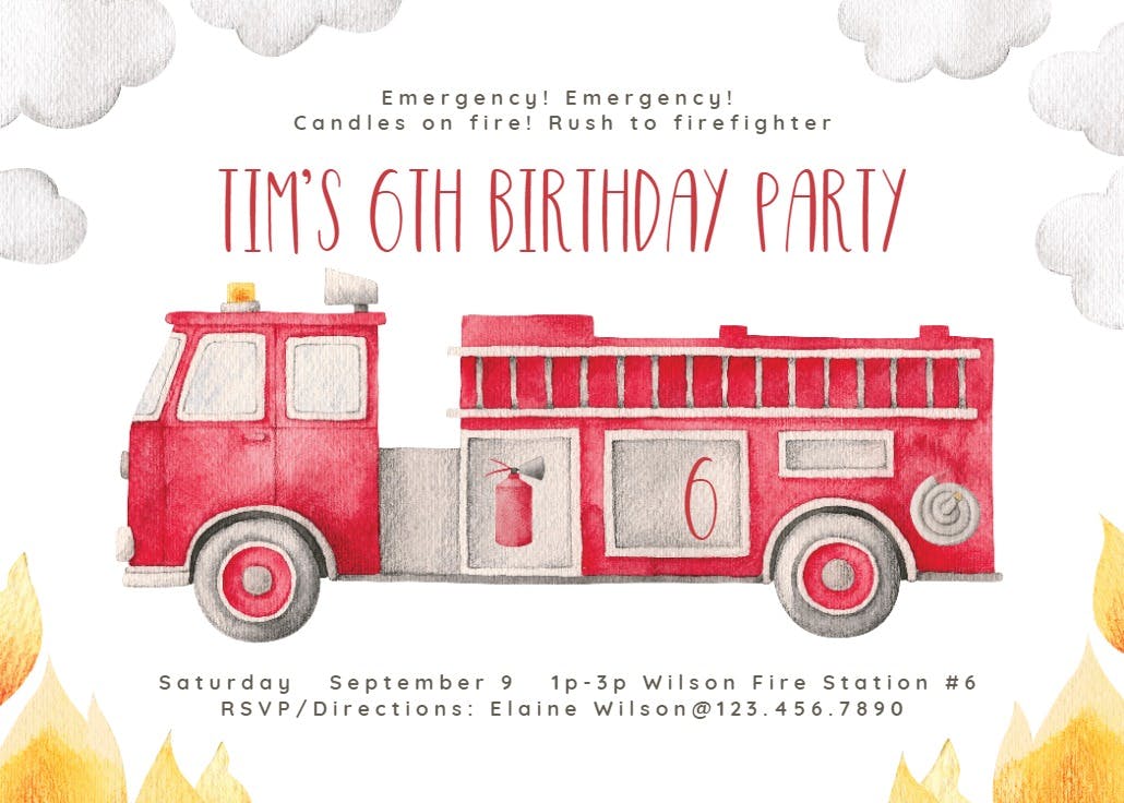 Fast responders fire truck - birthday invitation