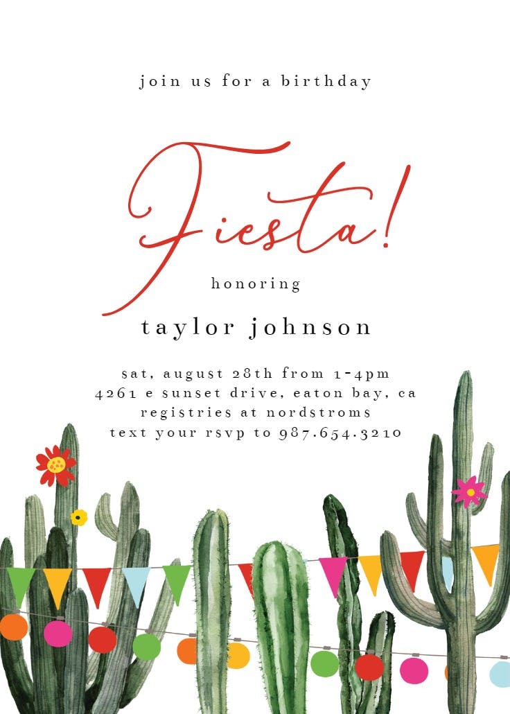 Fiesta flags and cactus - invitación de cumpleaños