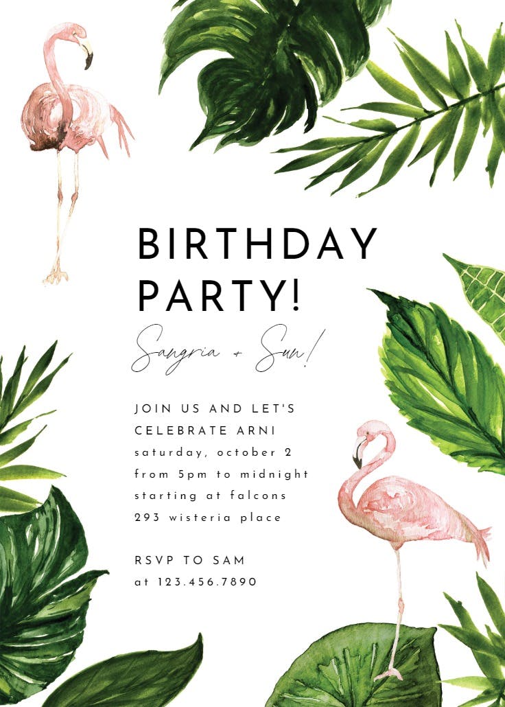 Flamingo & palm leaves - birthday invitation