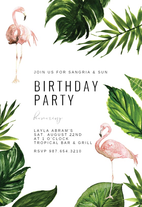 Flamingo & palm leaves - birthday invitation