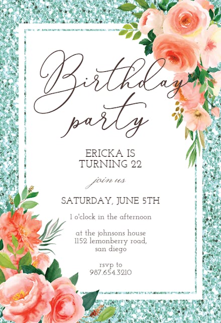 Floral and Glitter - Birthday Invitation