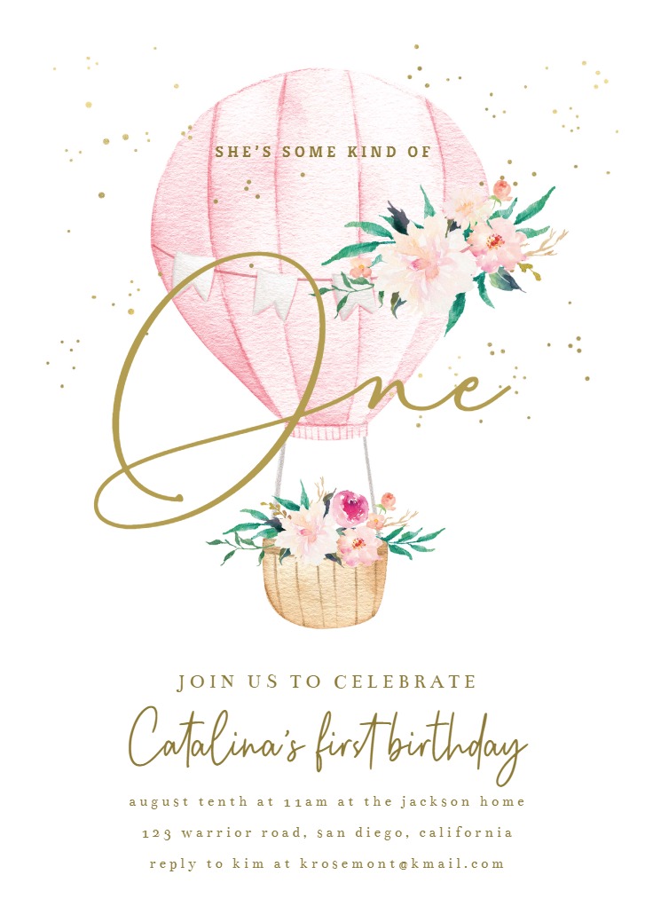 Floral Glitter Balloon 1st Birthday Invitation Template Greetings