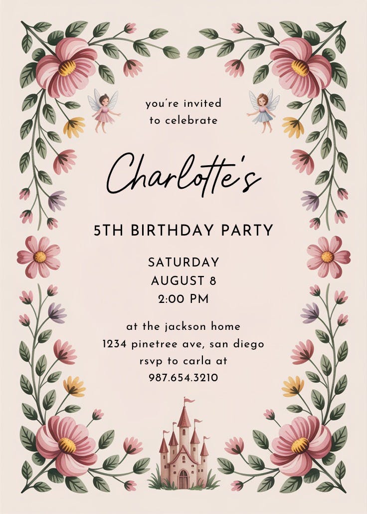 Floral princess castle - invitación de fiesta