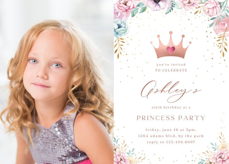 Floral princess photo -  invitación de fiesta de cumpleaños con foto