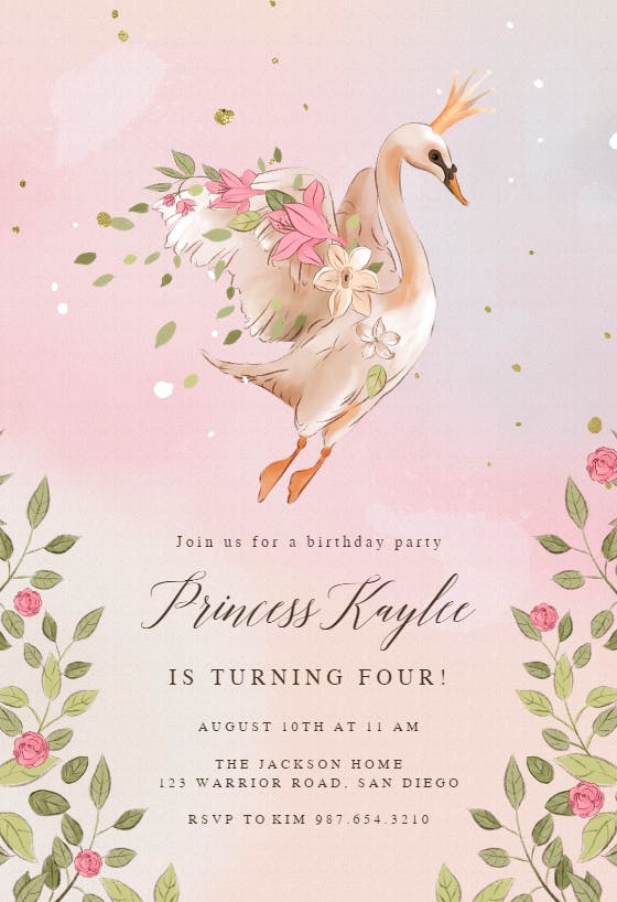 Floral swan -  invitación de cumpleaños