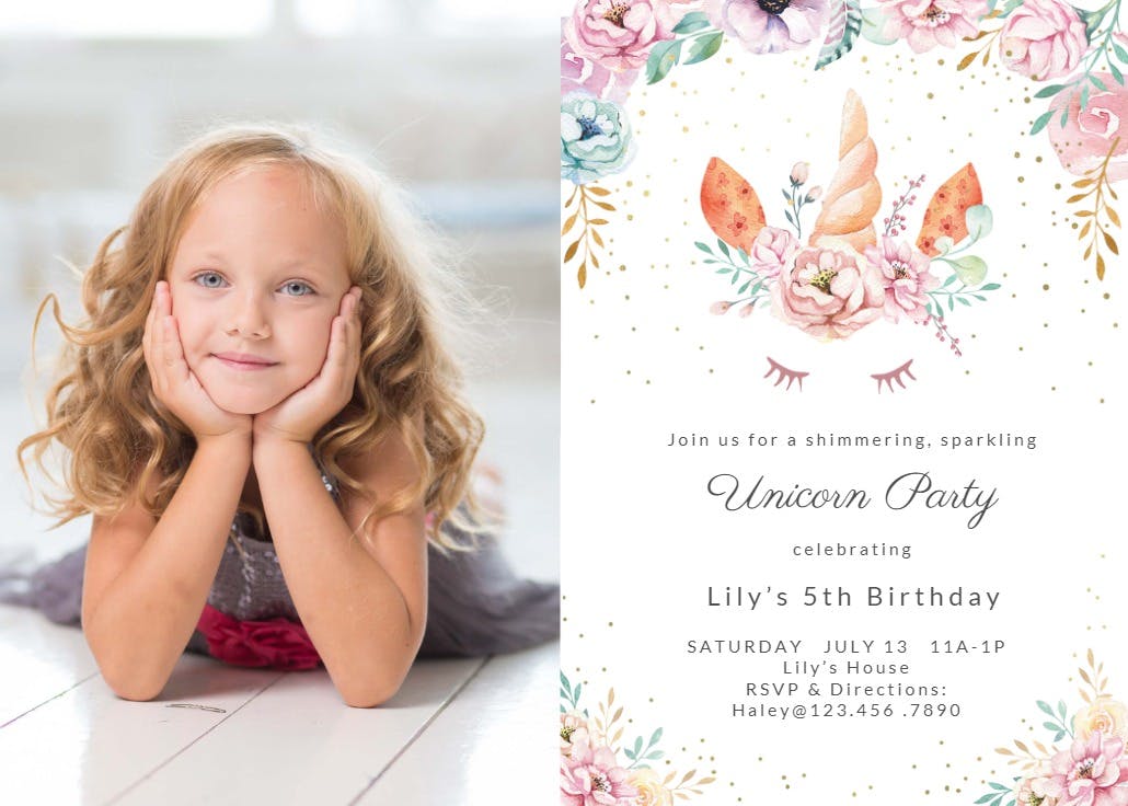 Floral unicorn photo - birthday invitation