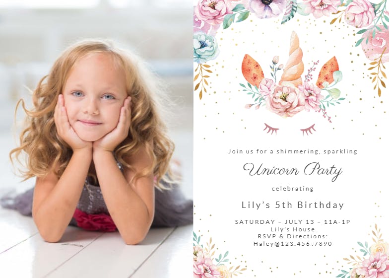 Floral unicorn photo - birthday invitation
