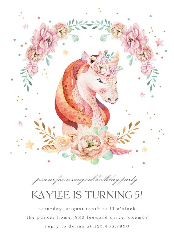 Floral wreath unicorn - party invitation