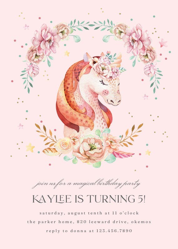 Floral wreath unicorn - birthday invitation
