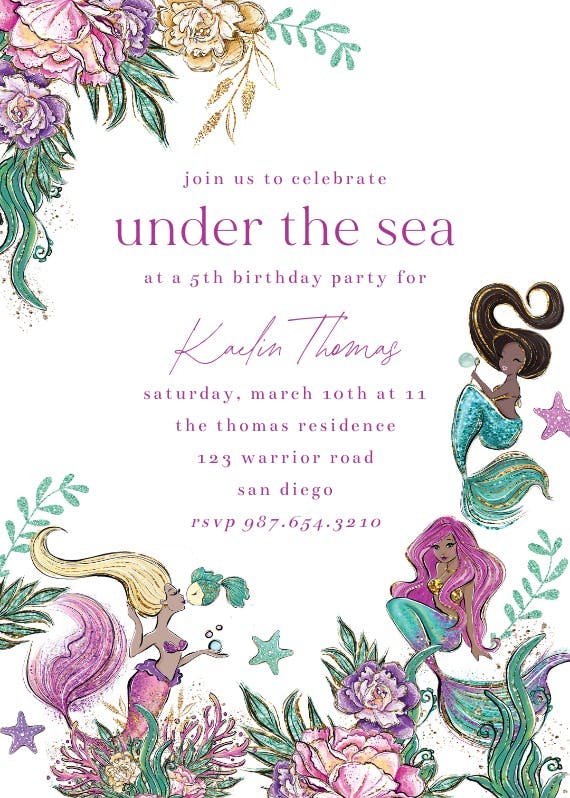 Flowers and mermaids -  invitación de cumpleaños