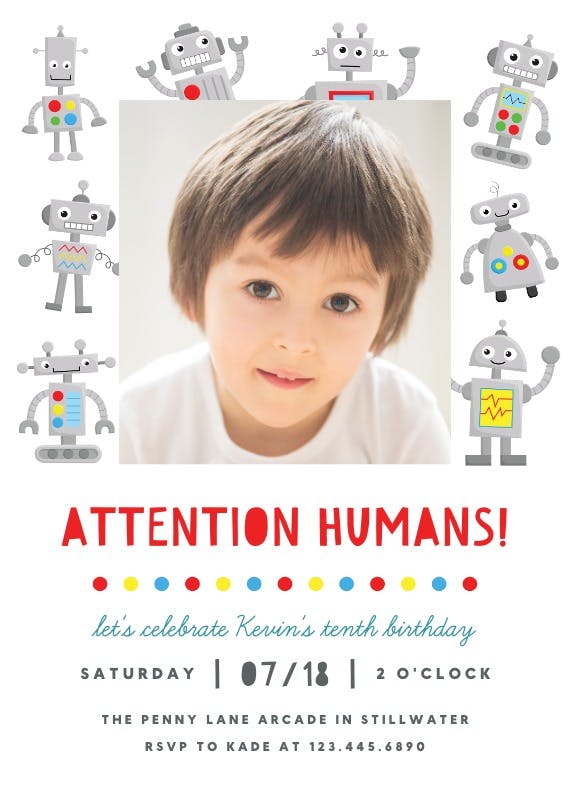 Friendly robots - invitación de fiesta de cumpleaños con foto