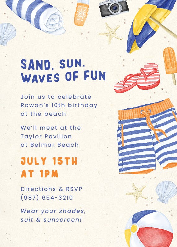 Fun at the beach - printable party invitation