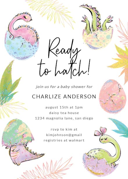 Girl dino party - baby shower invitation