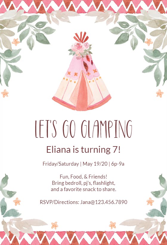 Glamping teepee -  invitación de cumpleaños