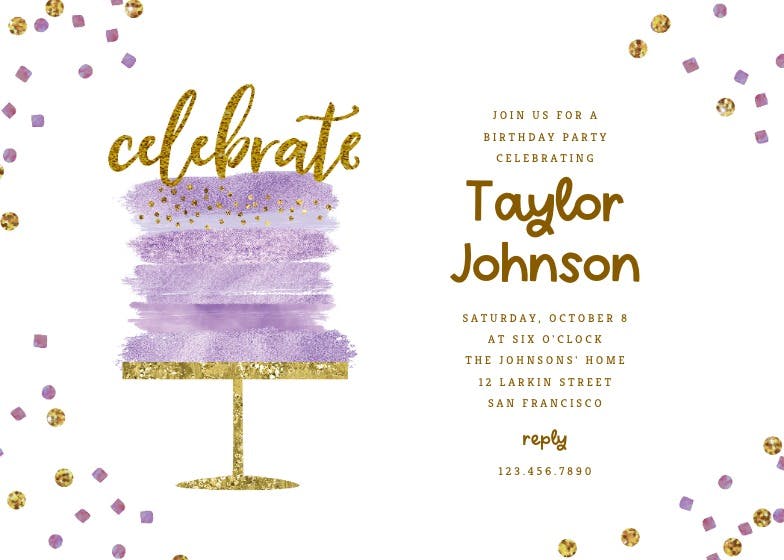 Glitter cake confetti -  invitación de cumpleaños