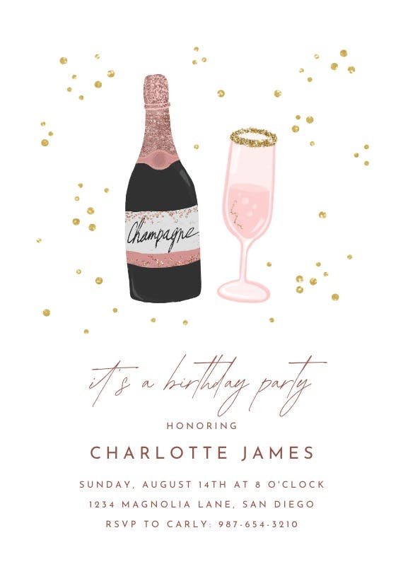 Glitter champagne -  invitación de cumpleaños