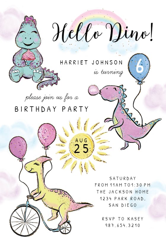Glitter dinosaur - invitación de fiesta