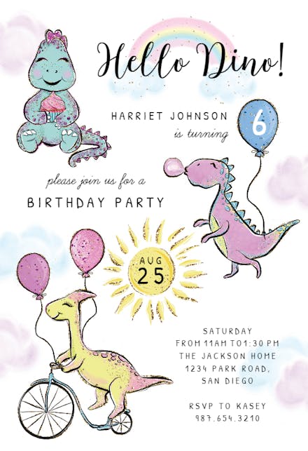 Glitter dinosaur - birthday invitation