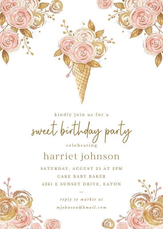 Glitter ice cream flowers -  invitación de cumpleaños