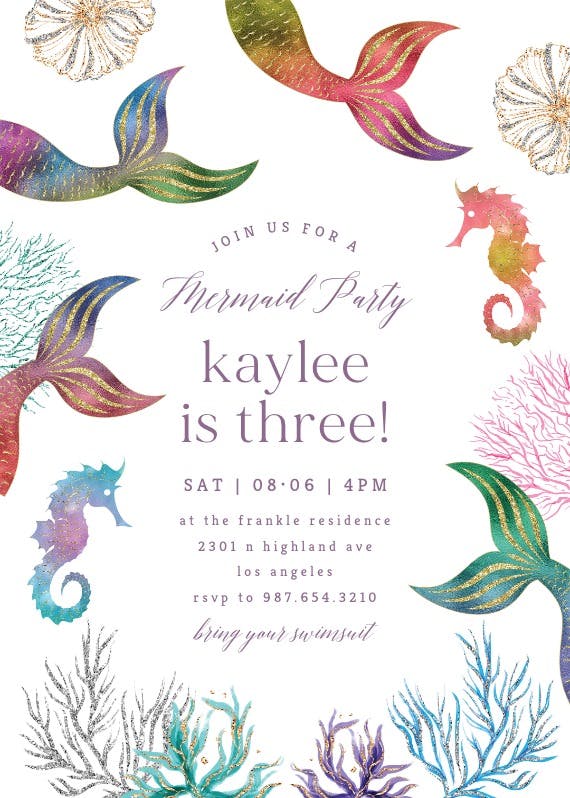 Glitter mermaid tail -  invitación para fiesta
