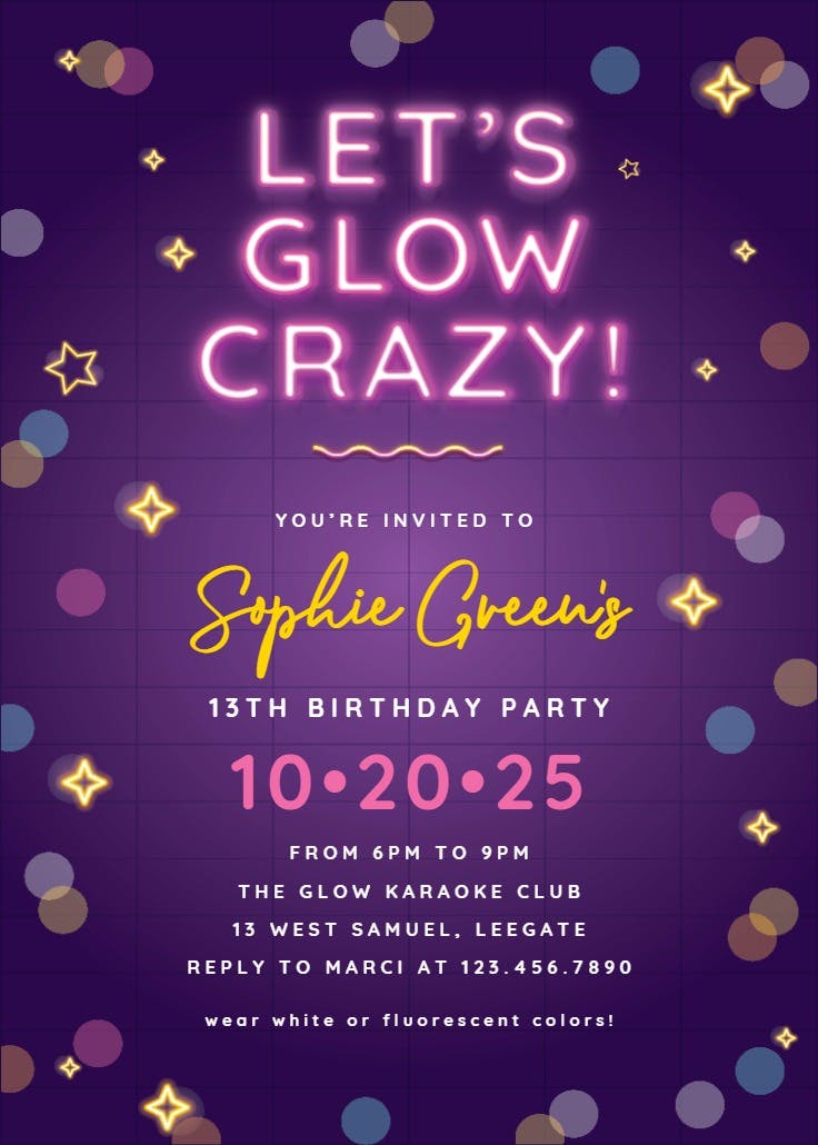 Glow crazy -  invitación de cumpleaños