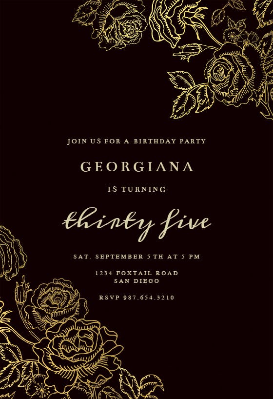 Gold foil roses - birthday invitation