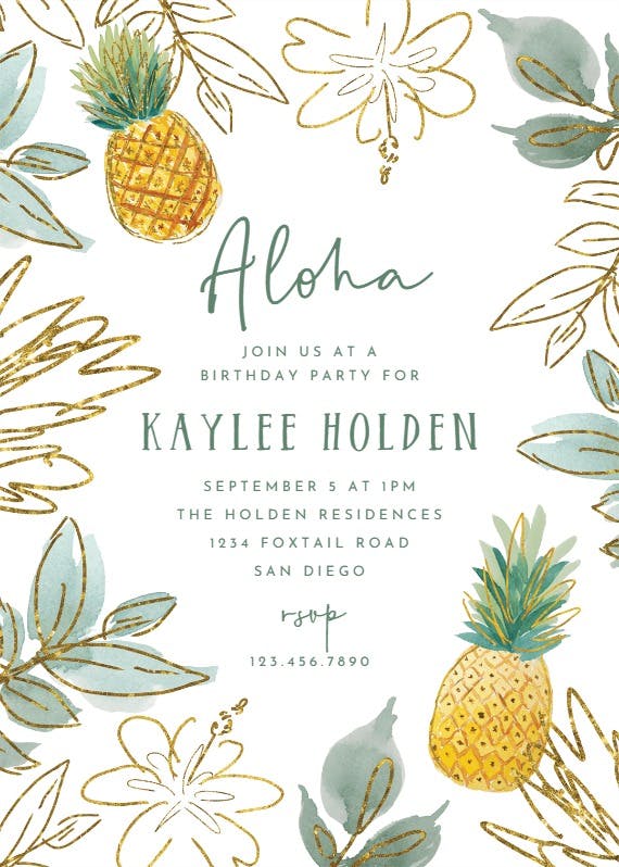 Gold glitter pineapple - luau party invitation