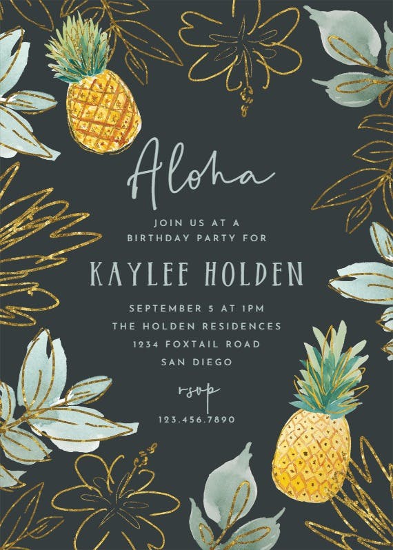 Gold glitter pineapple -  invitación para fiesta