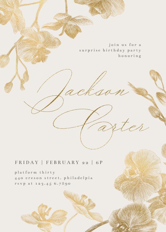 Gold orchids - birthday invitation