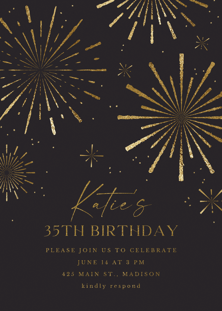 Golden fireworks - invitación de cumpleaños