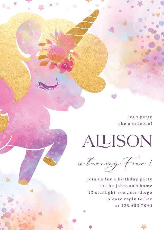 Golden unicorn - birthday invitation