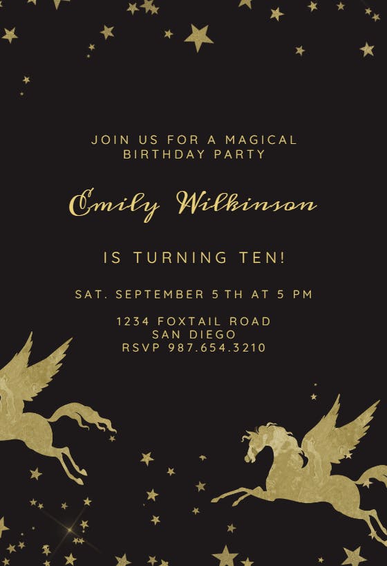 Gold unicorn - birthday invitation