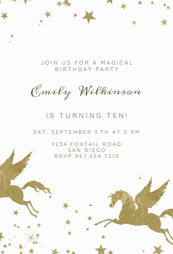 Gold unicorn - birthday invitation