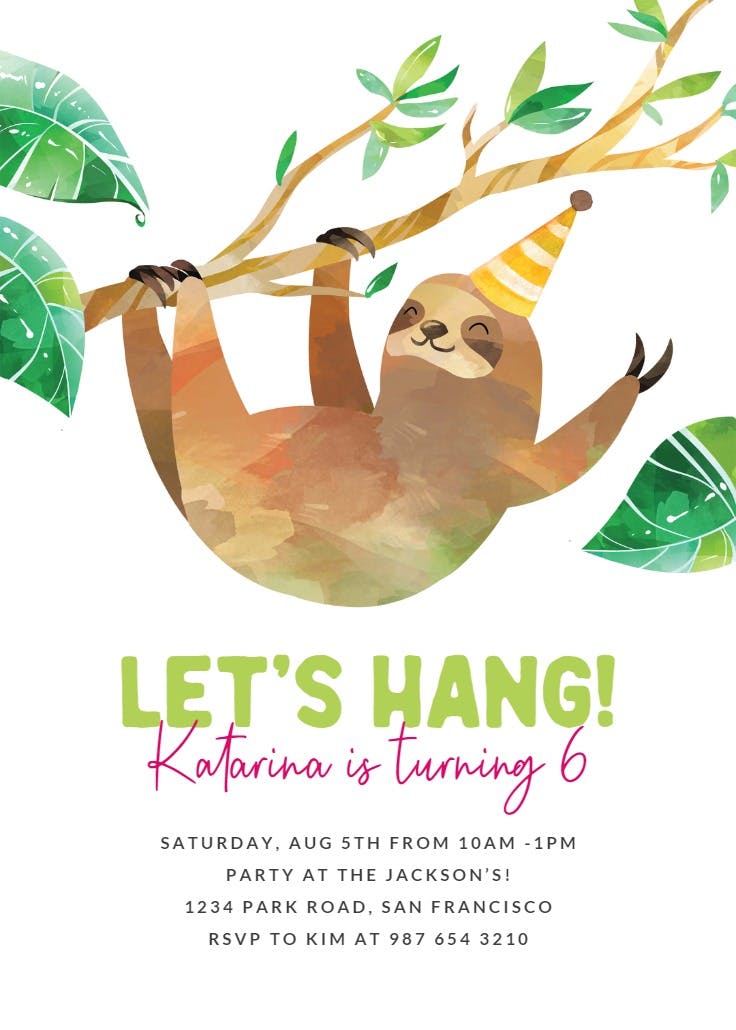 Hanging sloth - birthday invitation