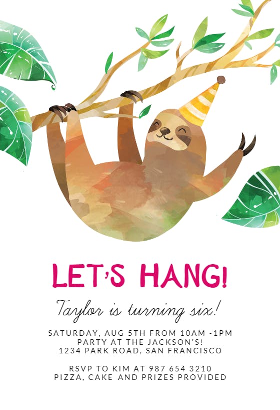 Hanging sloth -  invitación de cumpleaños