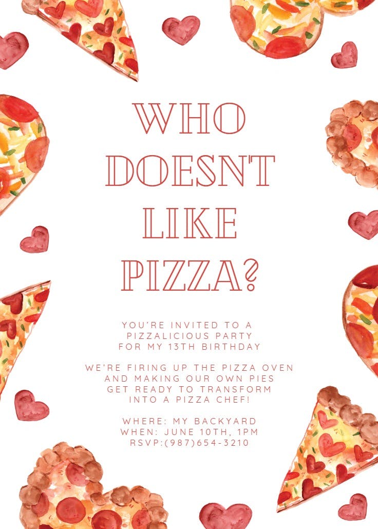 I love pizza -  invitación de cumpleaños