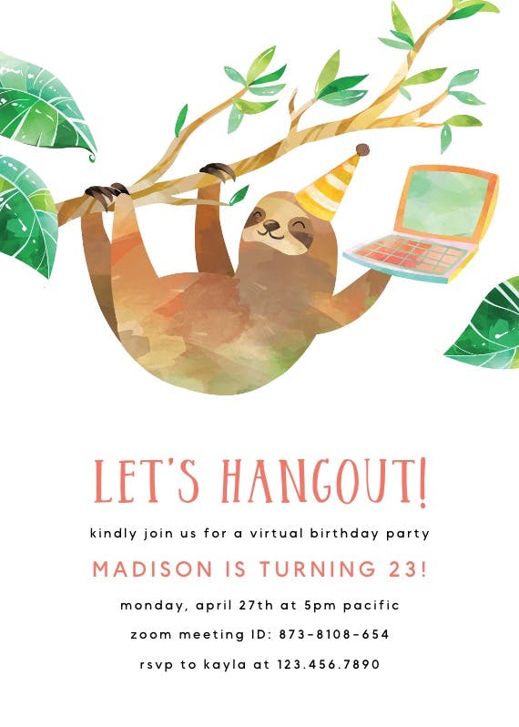 Lets hangout sloth -  invitación de cumpleaños