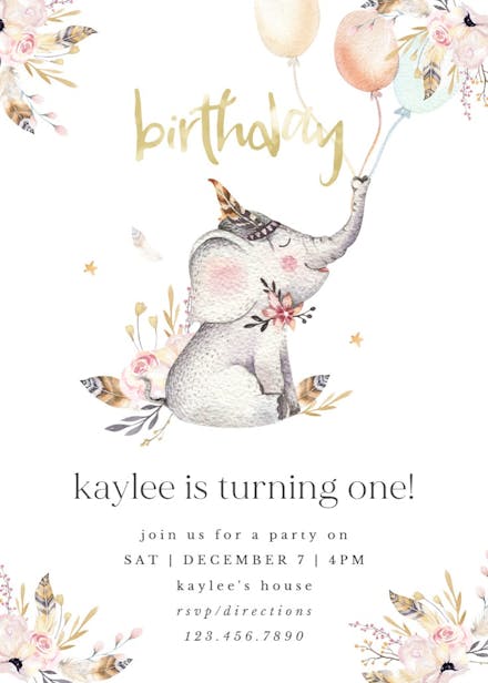 Lovely elephant - birthday invitation