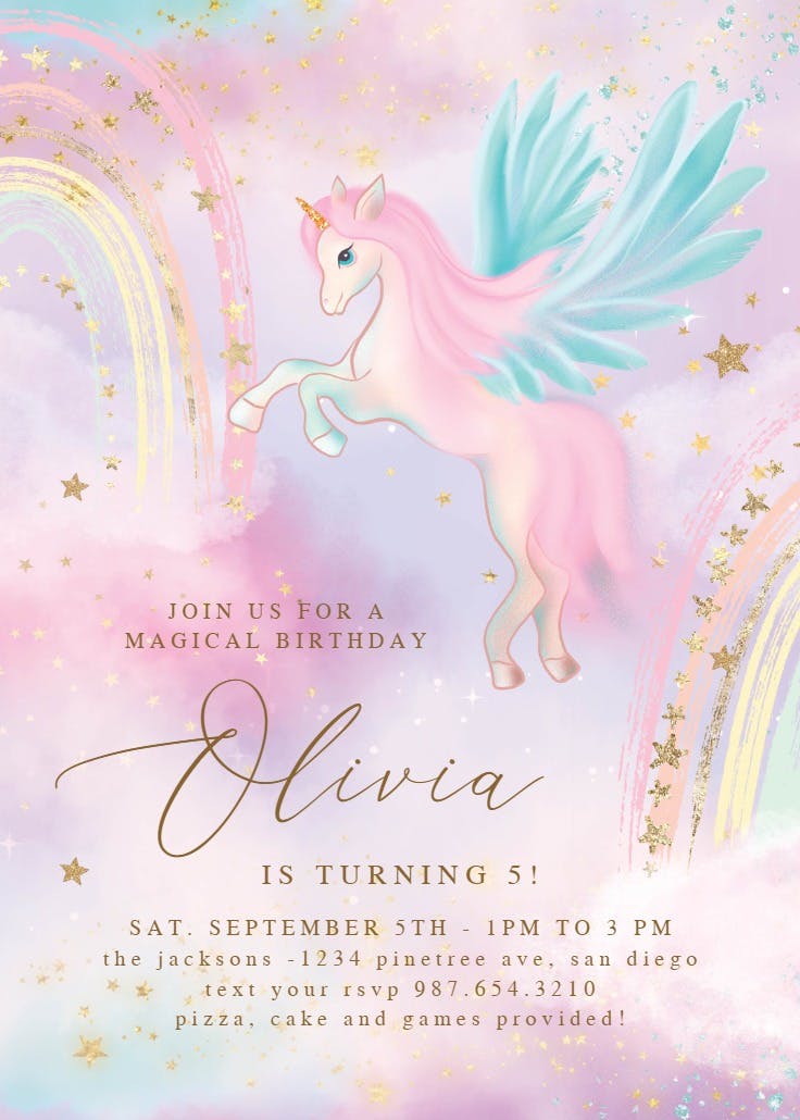 Magical unicorn and rainbows - party invitation