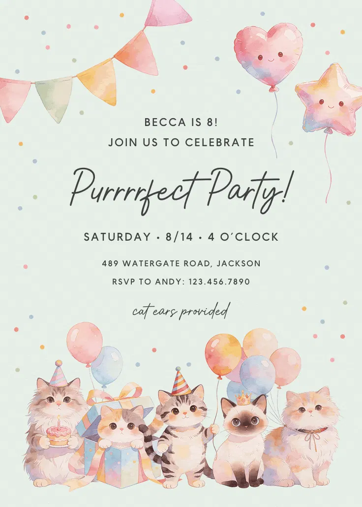 Meow's the time - convite de festa
