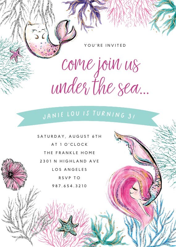 Mermaid glitter cat -  invitación para pool party