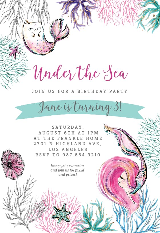 Mermaid glitter cat - pool party invitation