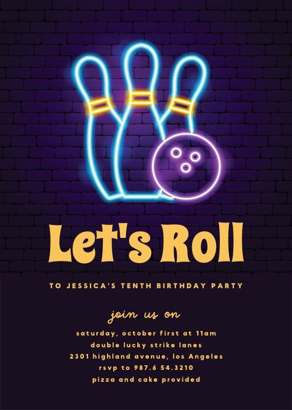 Neon bowling -  invitación de cumpleaños