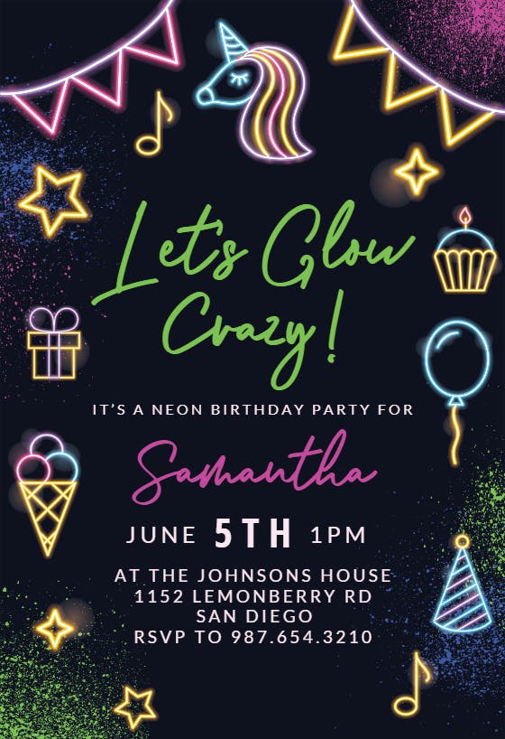 Neon Glow Party - Invitación De Cumpleaños | Island