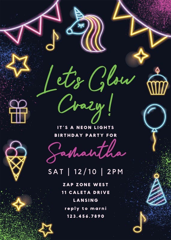Neon glow party - birthday invitation