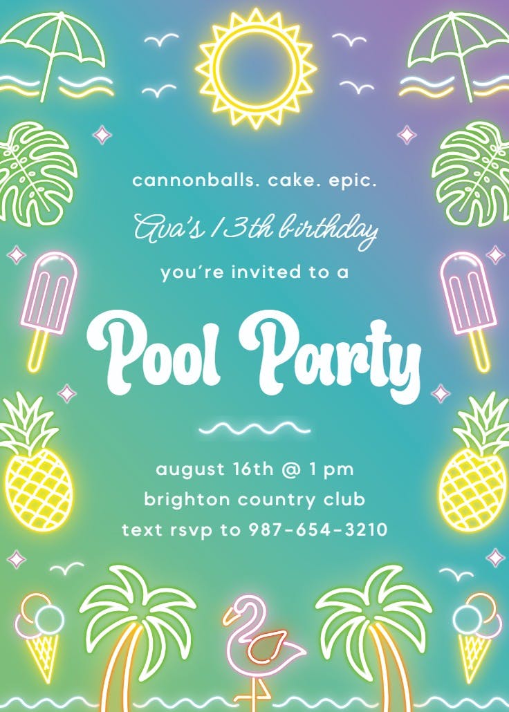 Neon pool lights - invitación de cumpleaños