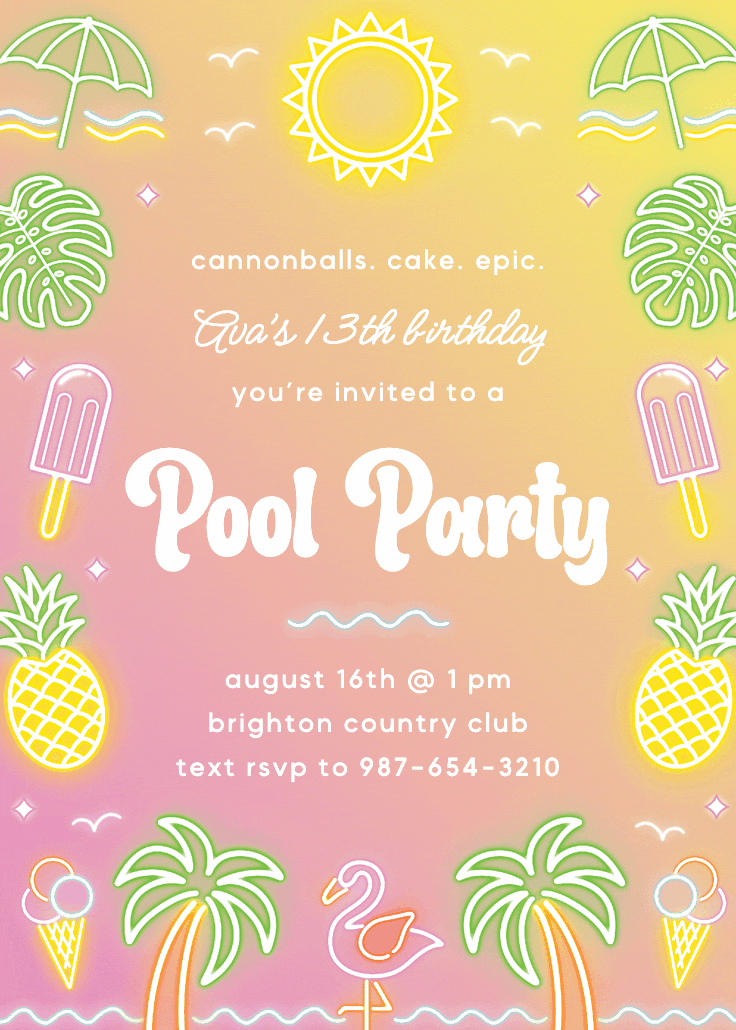 Neon pool lights - printable party invitation